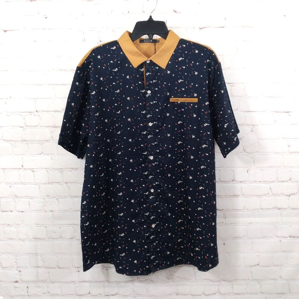 SSLR Shirt Mens XL Blue Patterned Short Sleeve Button Up Cotton Casual Preppy
